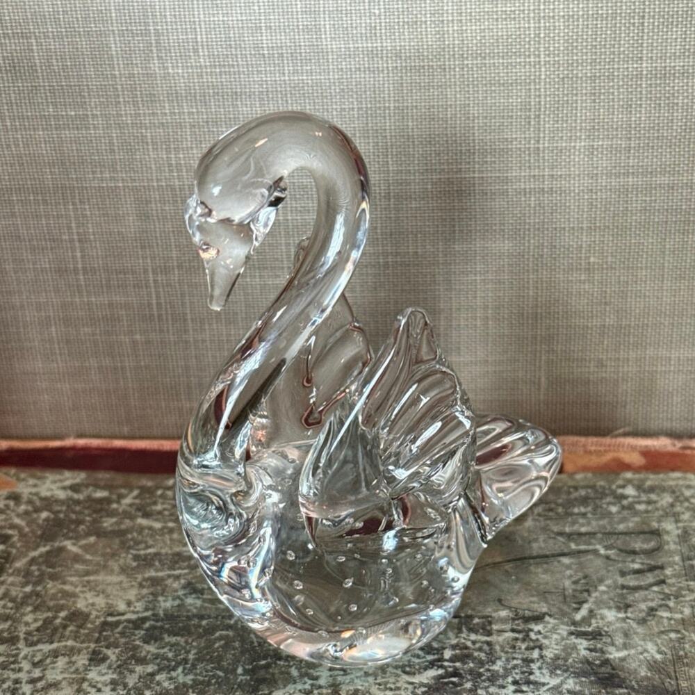 Clear Glass Swan Figurine • Controlled Bubbles • Open Wings • 4” • Art Glass